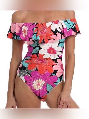 La Blanca In Full Bloom off shoulder ruffle one piece swimsuit resort sz 16 NWT